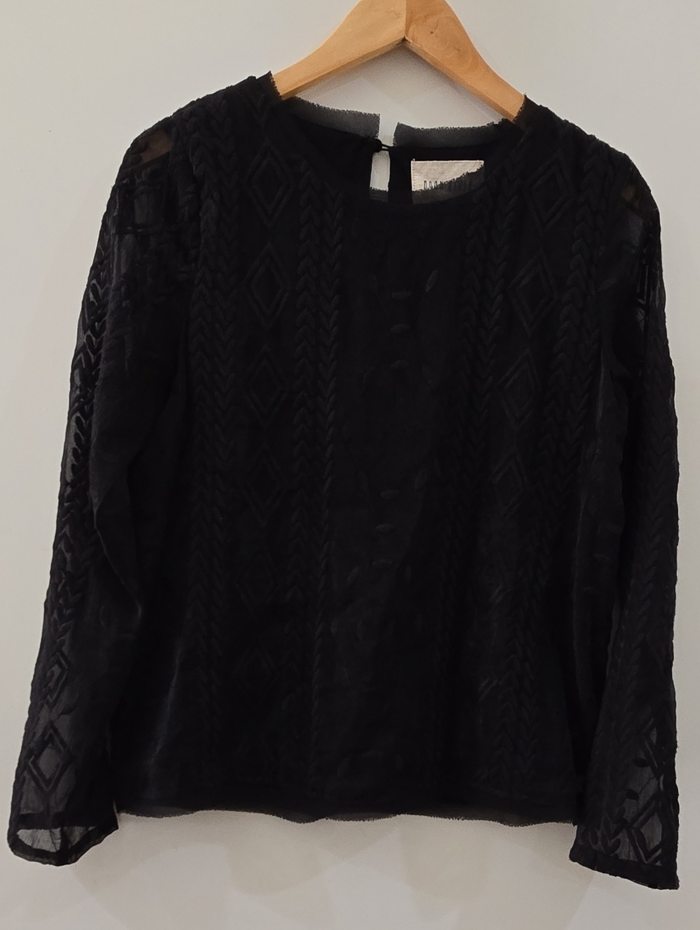 Moon River Womens Blouse S Black Embroidered Mesh Long Sleeve Button Round Neck